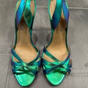 Schutz Chayanne Holographic Leather Slingback Open Toe Stiletto High Sandals